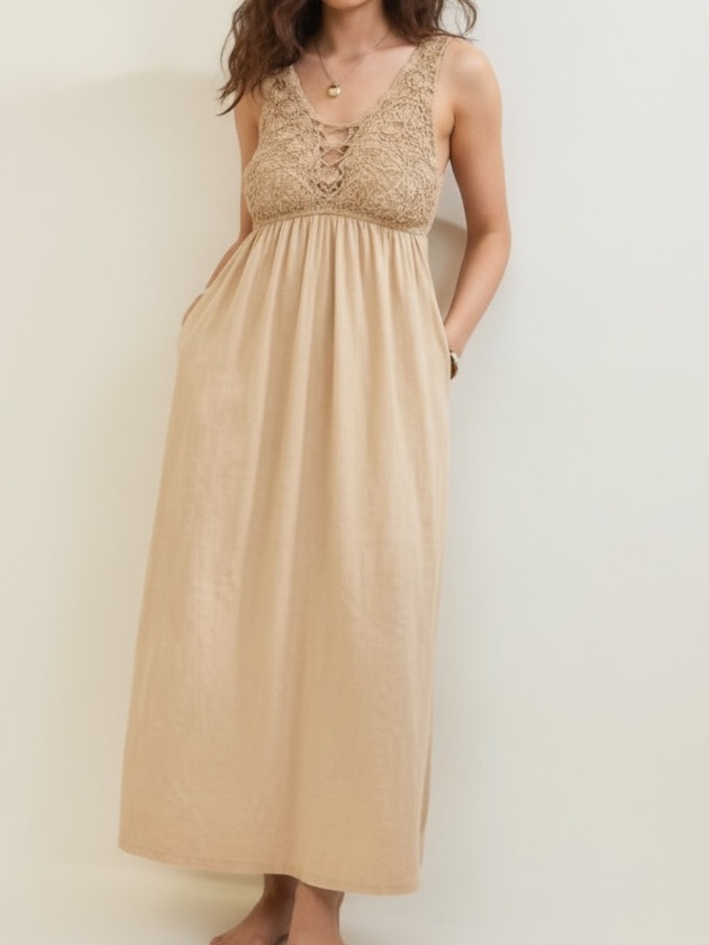 Aerie Crochet Sleeveless Maxi Dress Beige